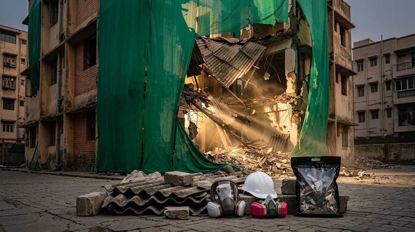 A respirator and hard hat rest on the ground in front of a building demolition site with broken roofing.