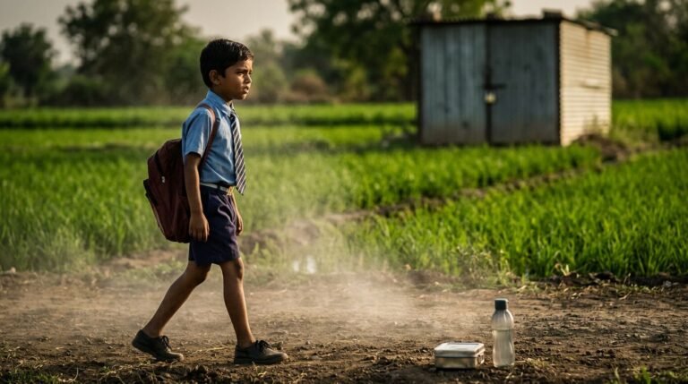 A young schoolboy in uniform walks past a green crop field in the late afternoon.