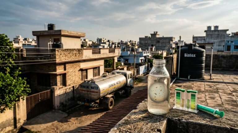 A water testing kit and glass sample bottle on a rooftop ledge near a parked water tanker.