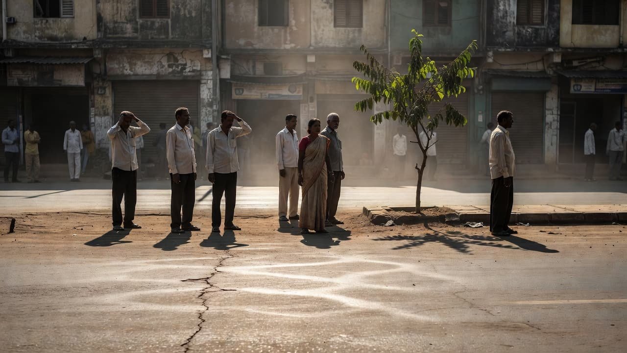Commuters wait for a bus under the intense, blinding sun on a hot, dusty street.