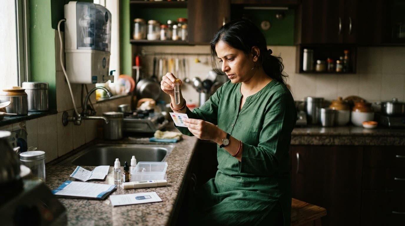 A resident tests water quality in a modern kitchen.