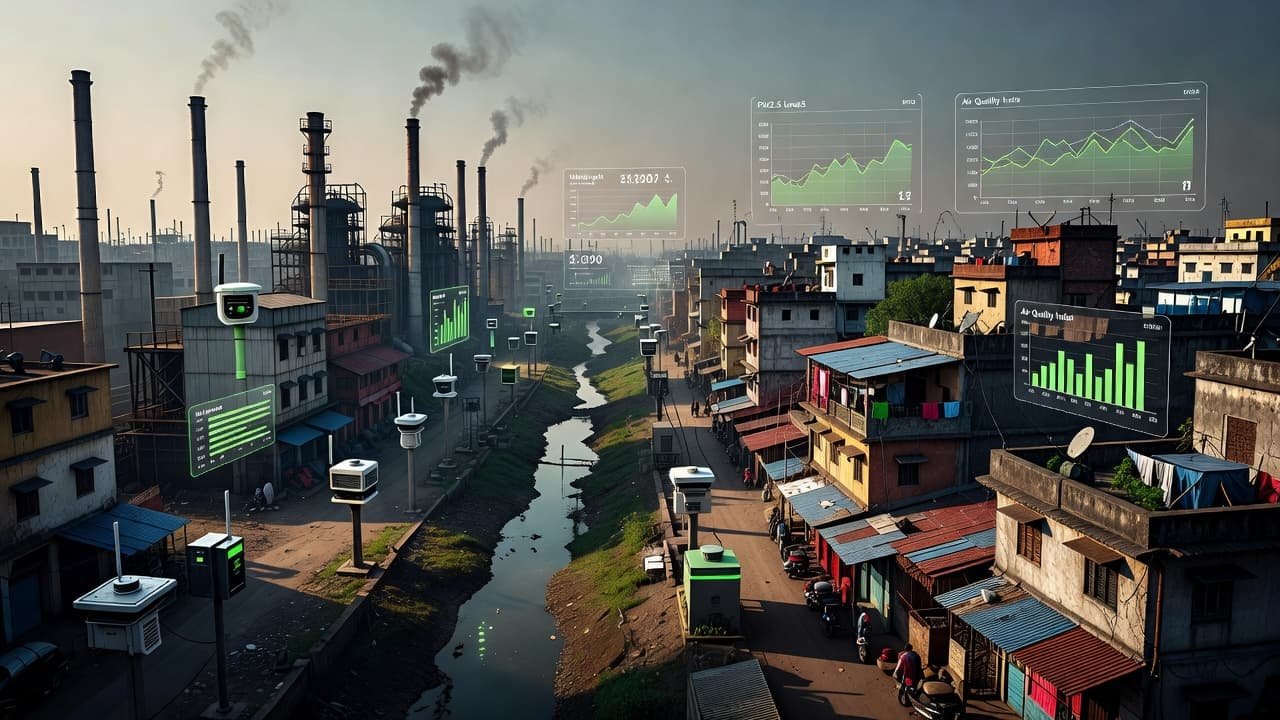 Factory smokestacks and city homes stand near a river with floating digital sensors and monitoring data.