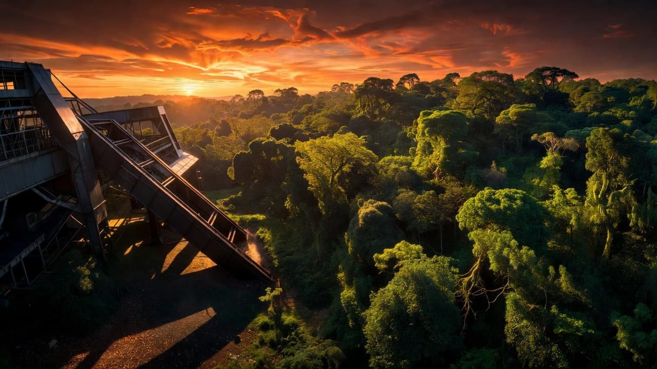 A sharp, metallic industrial structure cuts through a vibrant, lush green forest canopy under a dramatic sunset. The high contrast highlights the tension between modern human development and fragile natural ecosystems.
