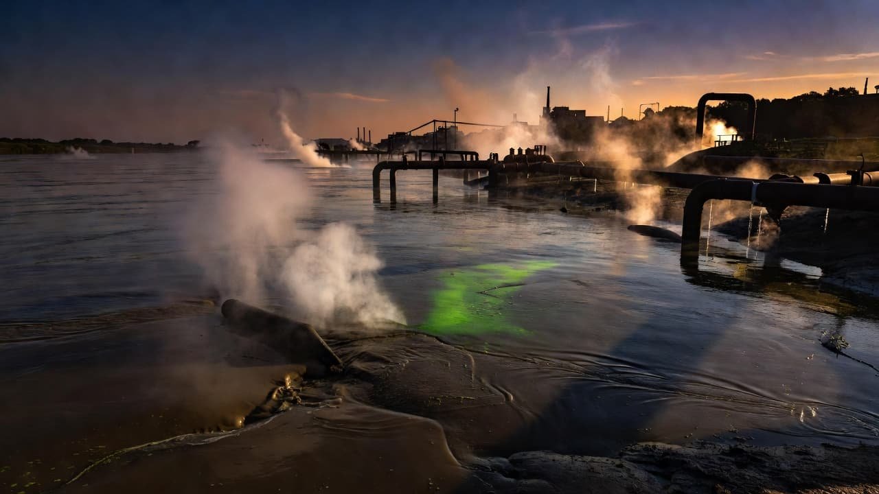 Steam rises from the murky surface of an Indian river at dusk while large industrial pipes loom in the background. High-contrast lighting casts deep shadows against a striking green water glow.