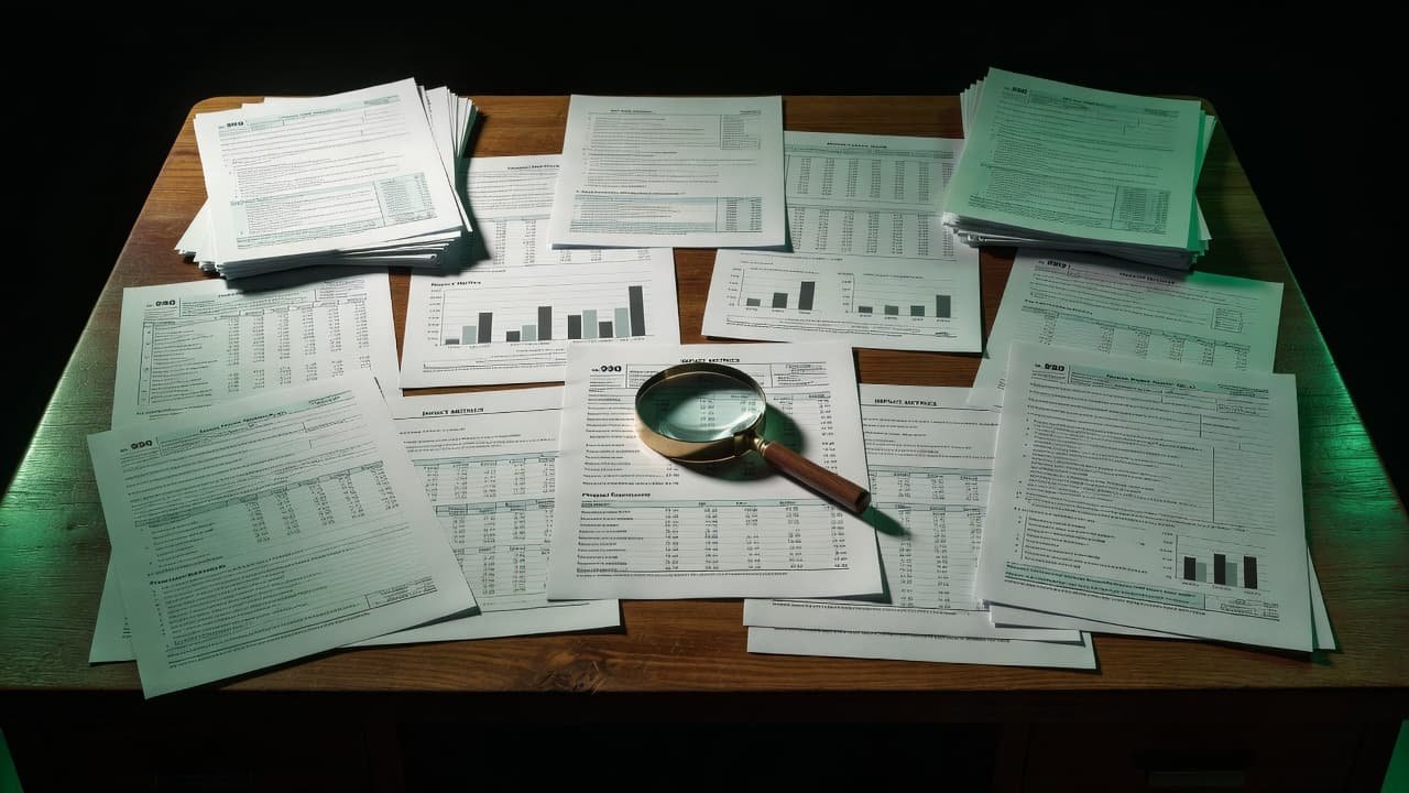 Wooden desk covered in financial reports and tax forms under cinematic lighting.