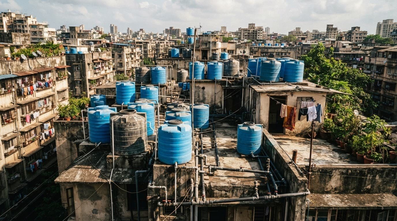 Blue PVC water storage tanks installed on a sunny residential apartment rooftop.