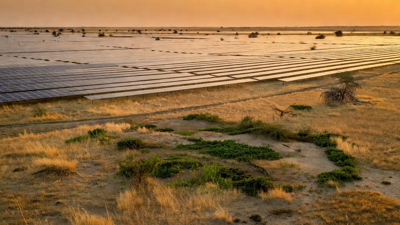 Rows of dark solar panels span a vast arid plain during a golden sunset. Dry yellow grasses and small green shrubs dot the ground, creating a stark contrast against the infrastructure.