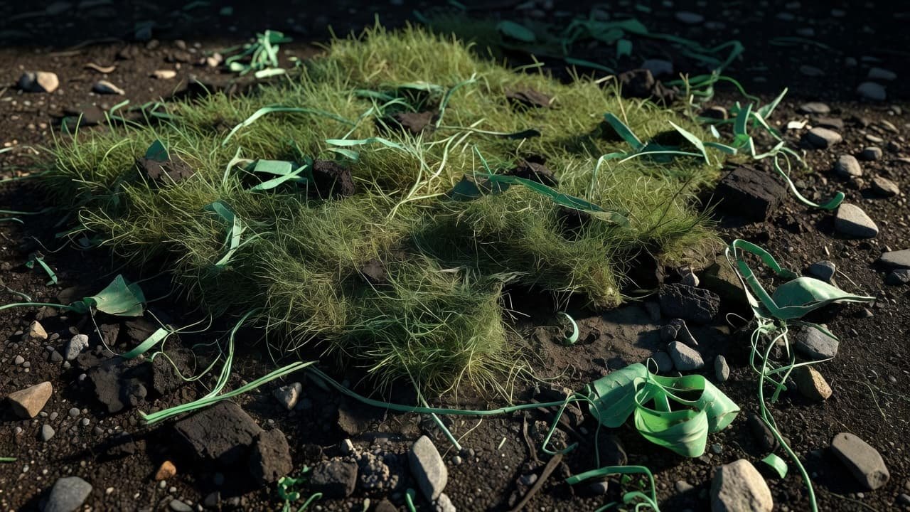 Sharp fragments of green plastic fibers and black rubber crumbs are scattered across dark urban soil and grey gravel. Dramatic lighting highlights the weathered texture of the disintegrating synthetic lawn materials.