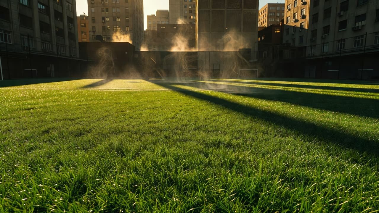 Bright green artificial grass stretches across an urban lot under a scorching sun. Visible heat haze ripples above the textured surface, while long, sharp shadows stretch across the intense city landscape.