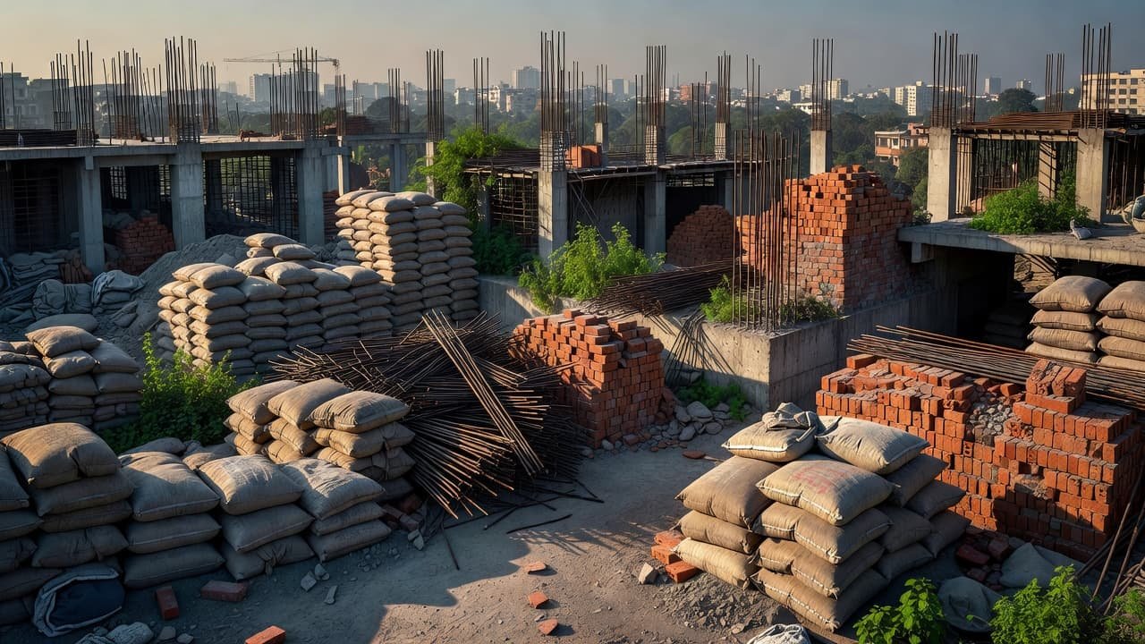 Stacks of gray cement bags and rusty steel rods sit amidst scattered bricks at an unfinished building site. A hazy urban skyline fades into the distance under dramatic, high-contrast shadows.
