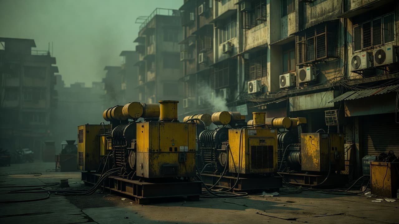 Industrial backup generators operating outside a crowded building in a smoggy city.