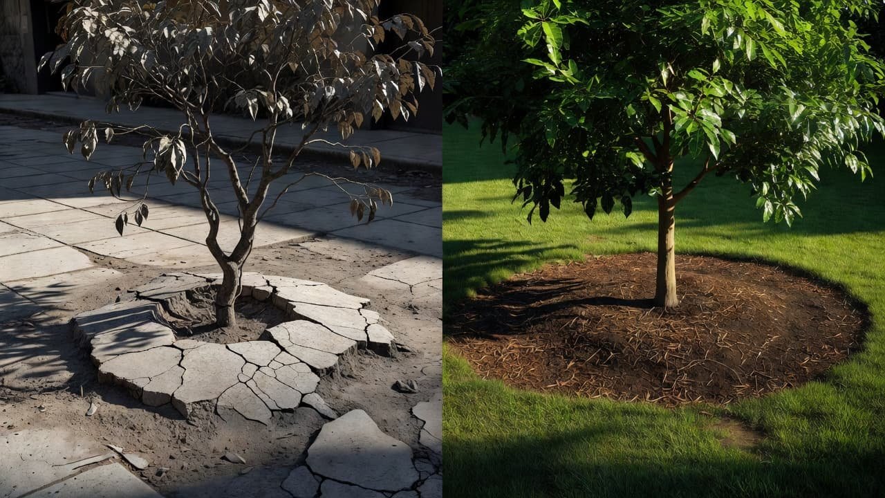A split-screen view shows a withered tree in a cracked concrete sidewalk next to a flourishing tree growing in nutrient-rich, mulched soil. The stark contrast highlights urban root suffocation issues.