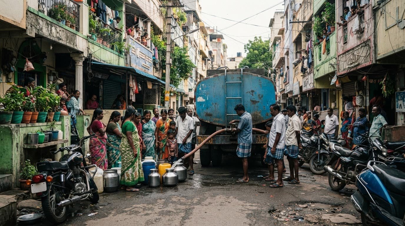 A blue water tanker truck delivering water in a crowded neighborhood street.