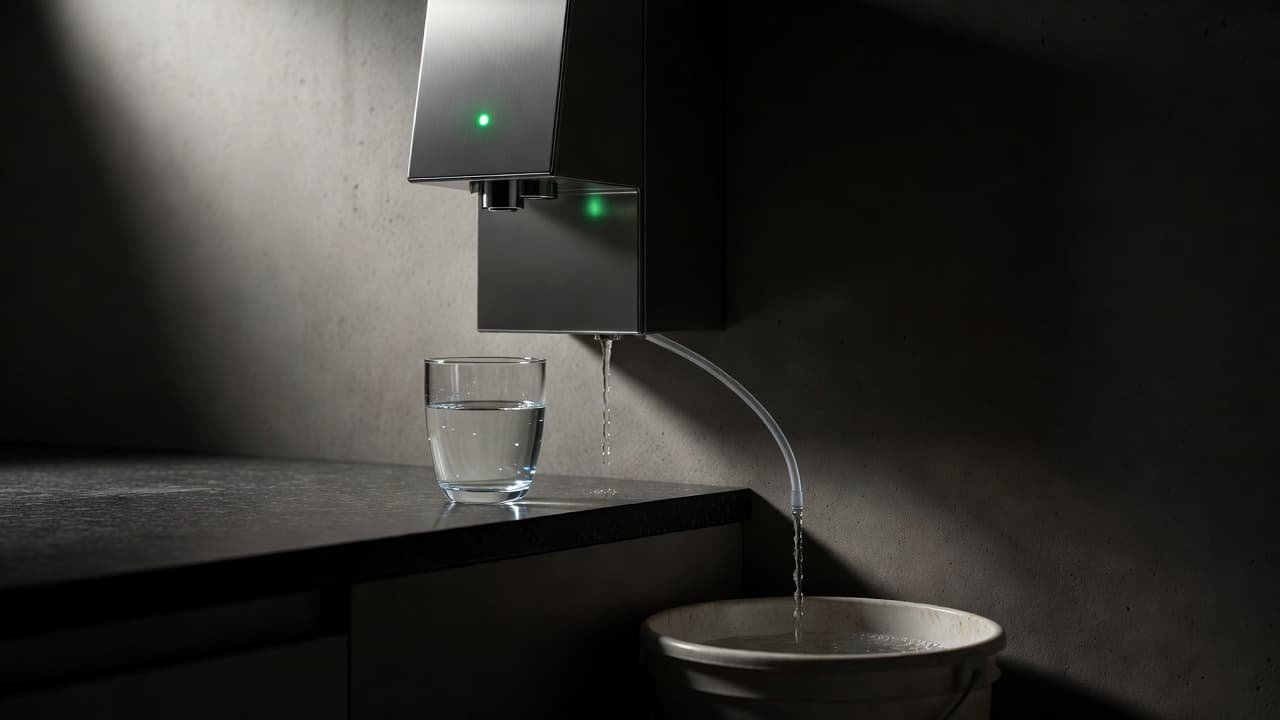 A sleek modern water purifier mounted to a dark wall drips excess liquid into a plastic bucket. A glass filled with clear water sits nearby under dramatic, high-contrast studio lighting.