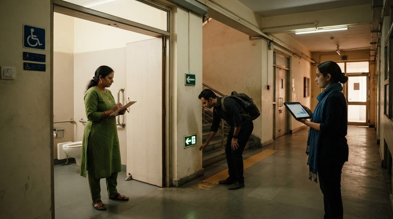 Three reviewers inspect an accessible restroom and emergency route inside a public library.