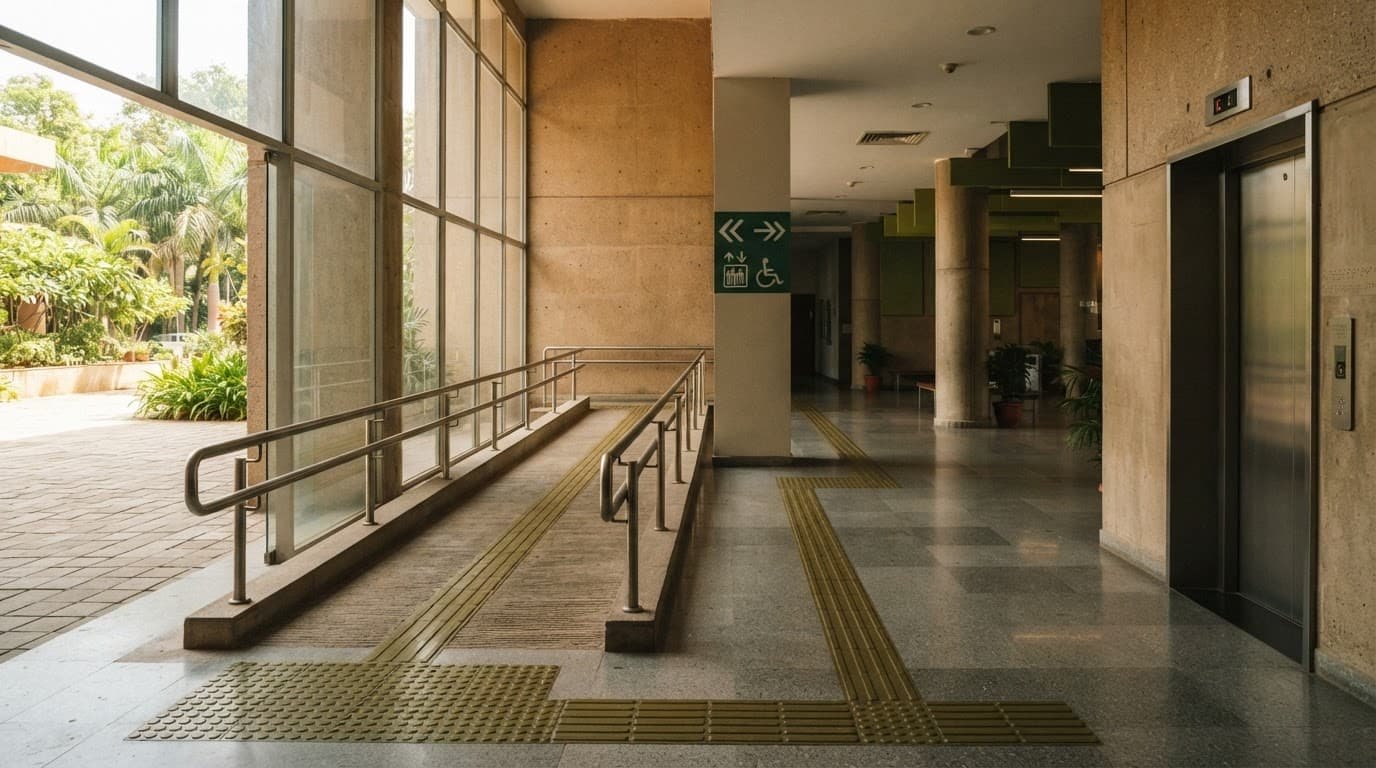 A hospital route with a ramp, handrails, tactile paving, and an elevator.