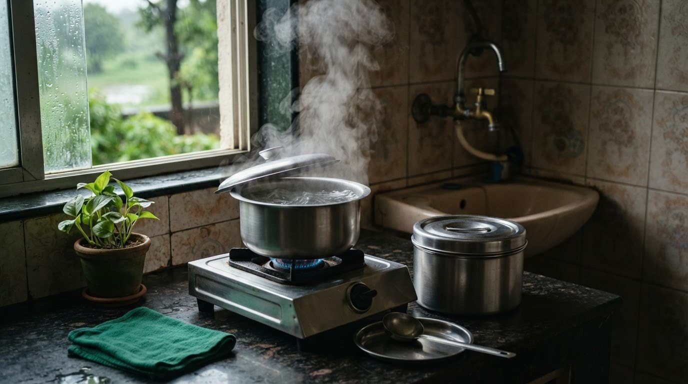 A steaming pot boils water beside a covered storage container in a modest kitchen.