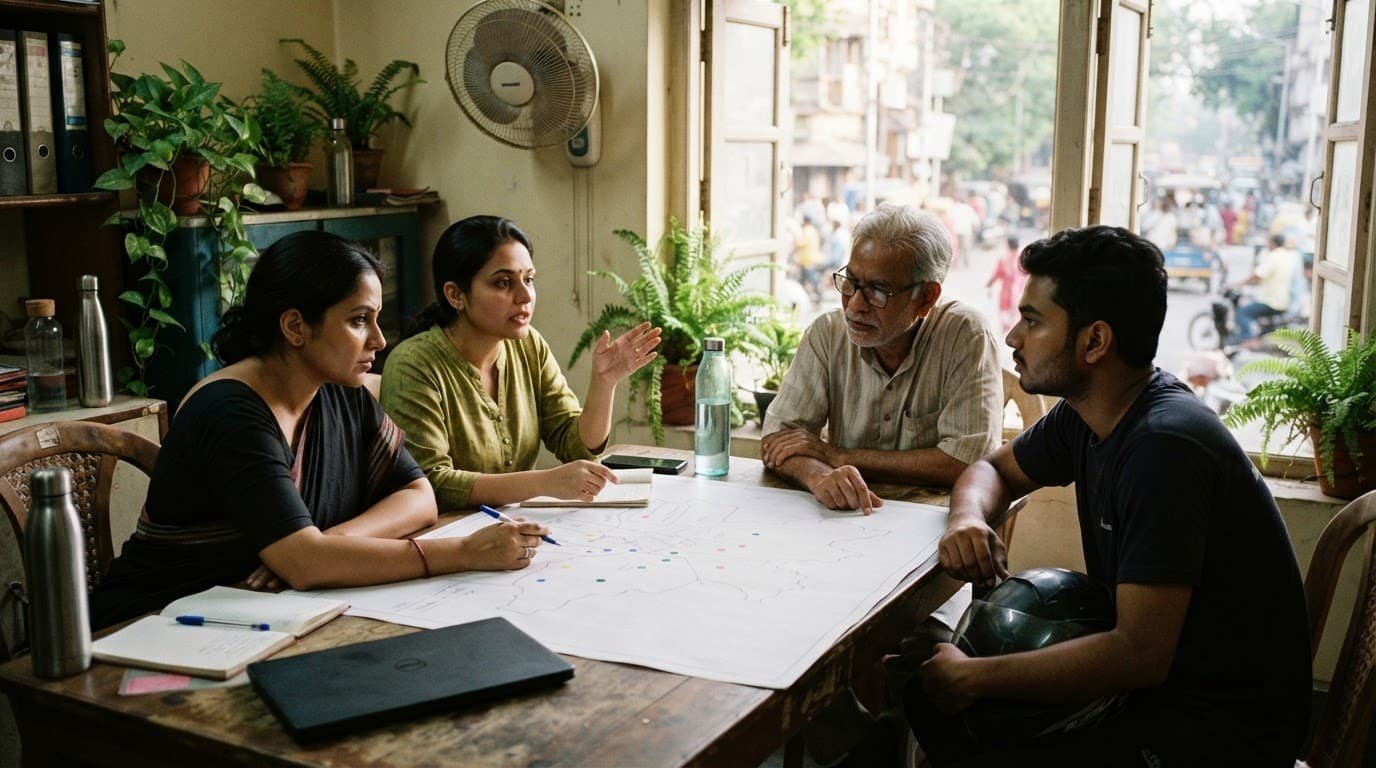 Four people plan cooling shelters around a blank city map in a shaded room.