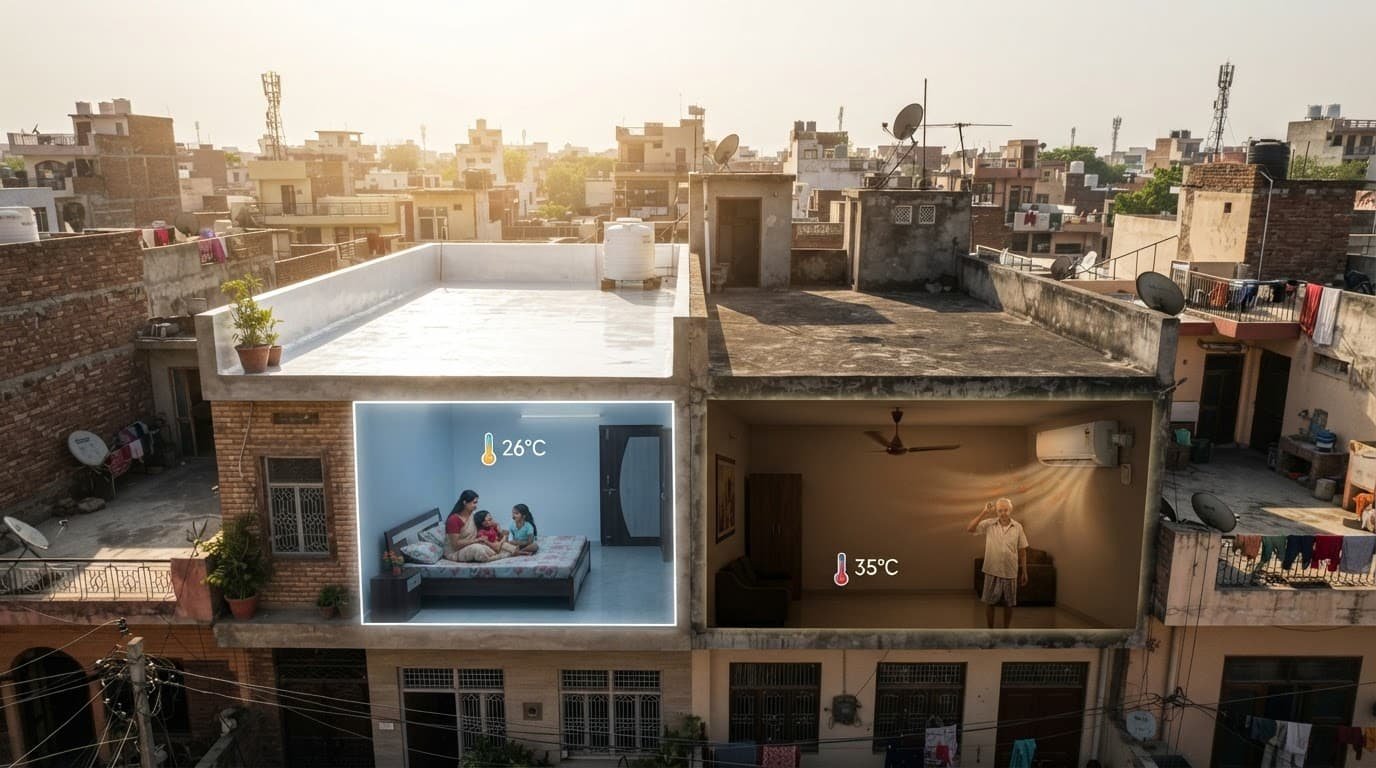 Two Indian homes compare a reflective cool roof with a dark roof during a hot afternoon.