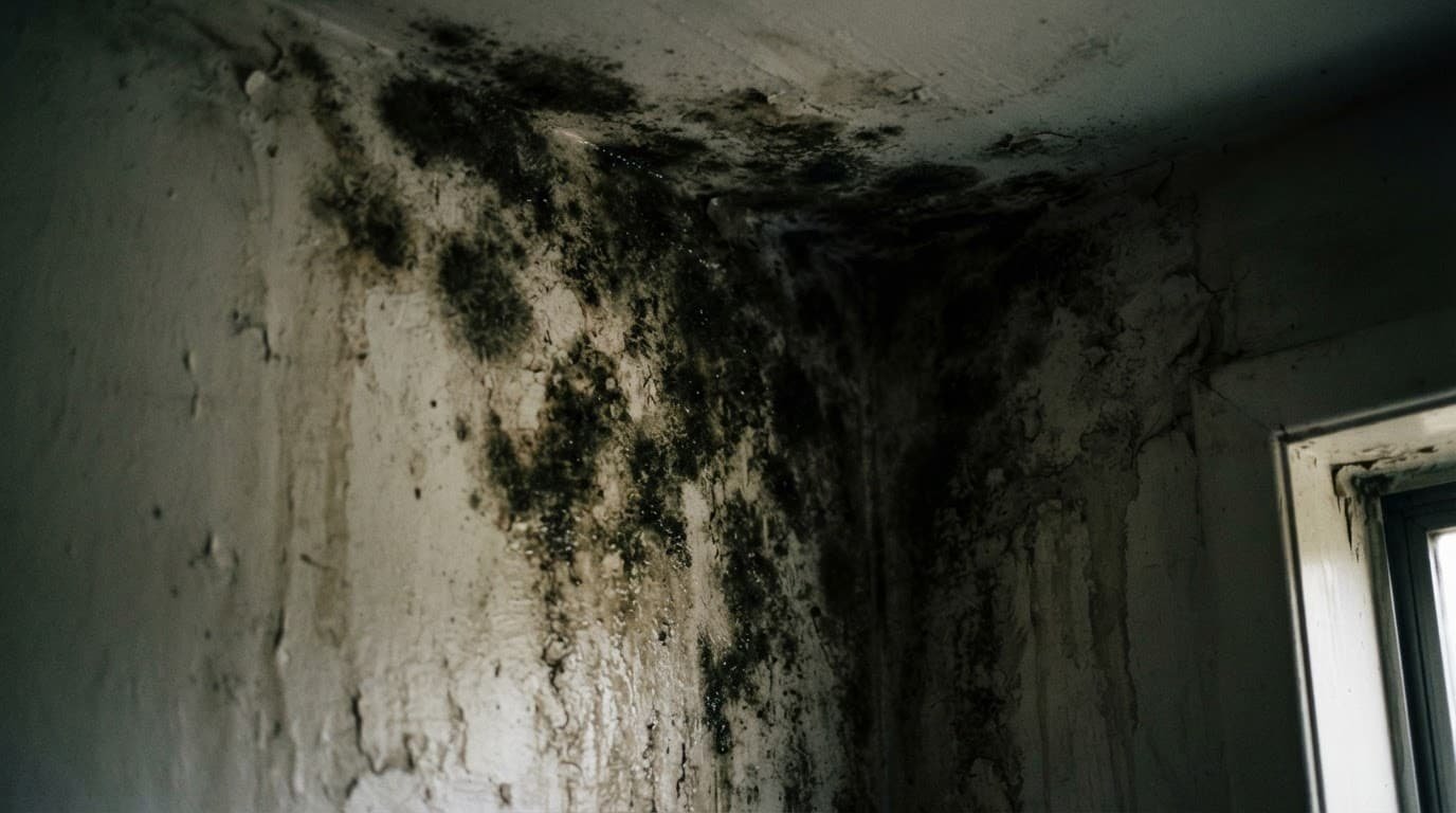 Dark green mold covers a damp apartment wall in deep shadow.