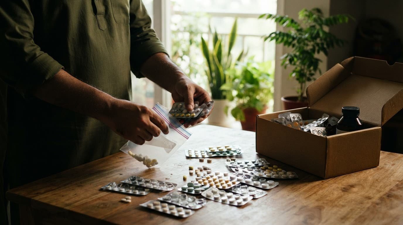 Hands sort expired medicines beside a sealed bag and return box on a kitchen table.