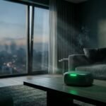 A green air monitor sits on a coffee table near an open window.