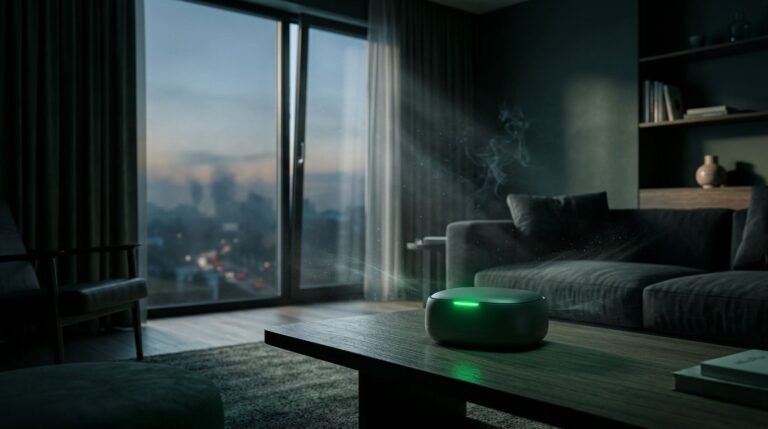 A green air monitor sits on a coffee table near an open window.