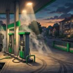 A petrol station with a tanker, vapour, and homes visible beyond the boundary.
