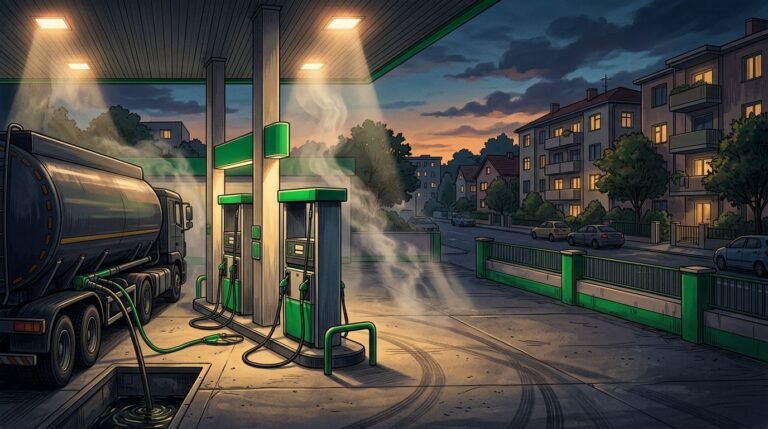 A petrol station with a tanker, vapour, and homes visible beyond the boundary.