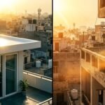 A reflective rooftop beside an air conditioner under intense heat.