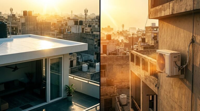 A reflective rooftop beside an air conditioner under intense heat.
