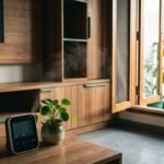 Modern home with wooden furniture, an open window, vapor, and an air-quality monitor.