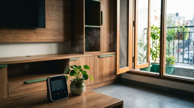 Modern home with wooden furniture, an open window, vapor, and an air-quality monitor.