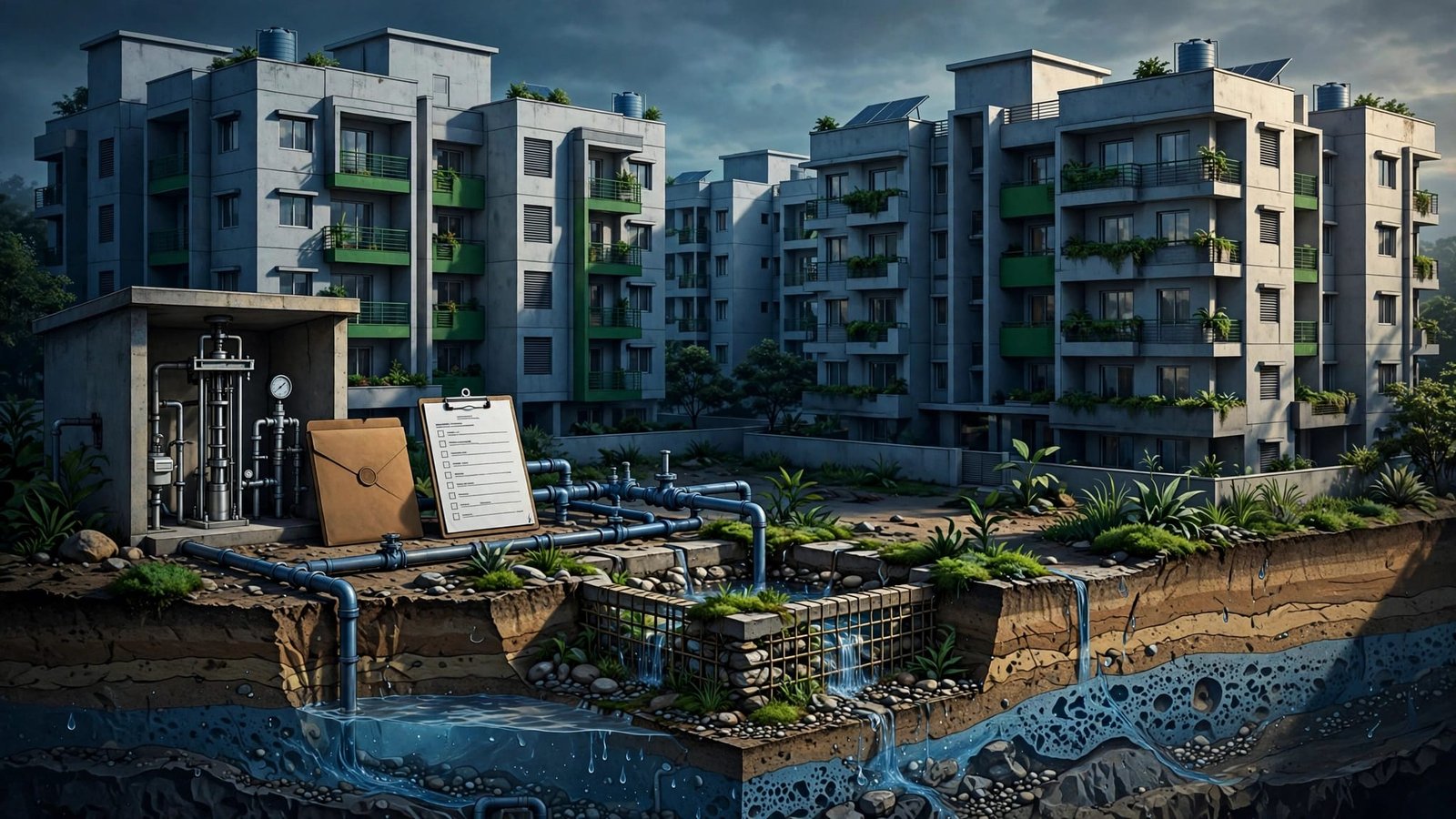 Apartment buildings with a borewell room, permit folder, pipes, and an underground aquifer.