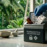 Expired medicine packs and bottles placed in a secure collection container on a kitchen counter.