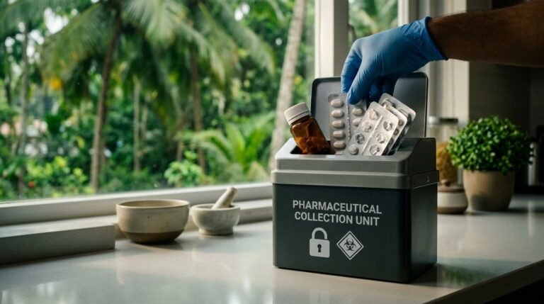 Expired medicine packs and bottles placed in a secure collection container on a kitchen counter.