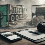 A smartphone and investigation tools overlook a dusty construction site near a school gate.