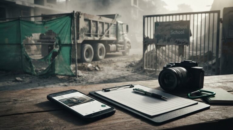 A smartphone and investigation tools overlook a dusty construction site near a school gate.