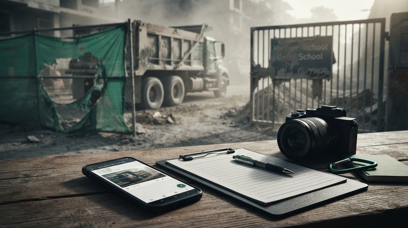 A smartphone and investigation tools overlook a dusty construction site near a school gate.