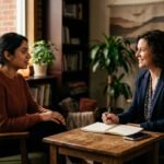 A woman talks with a counselor across a small table in a welcoming room.