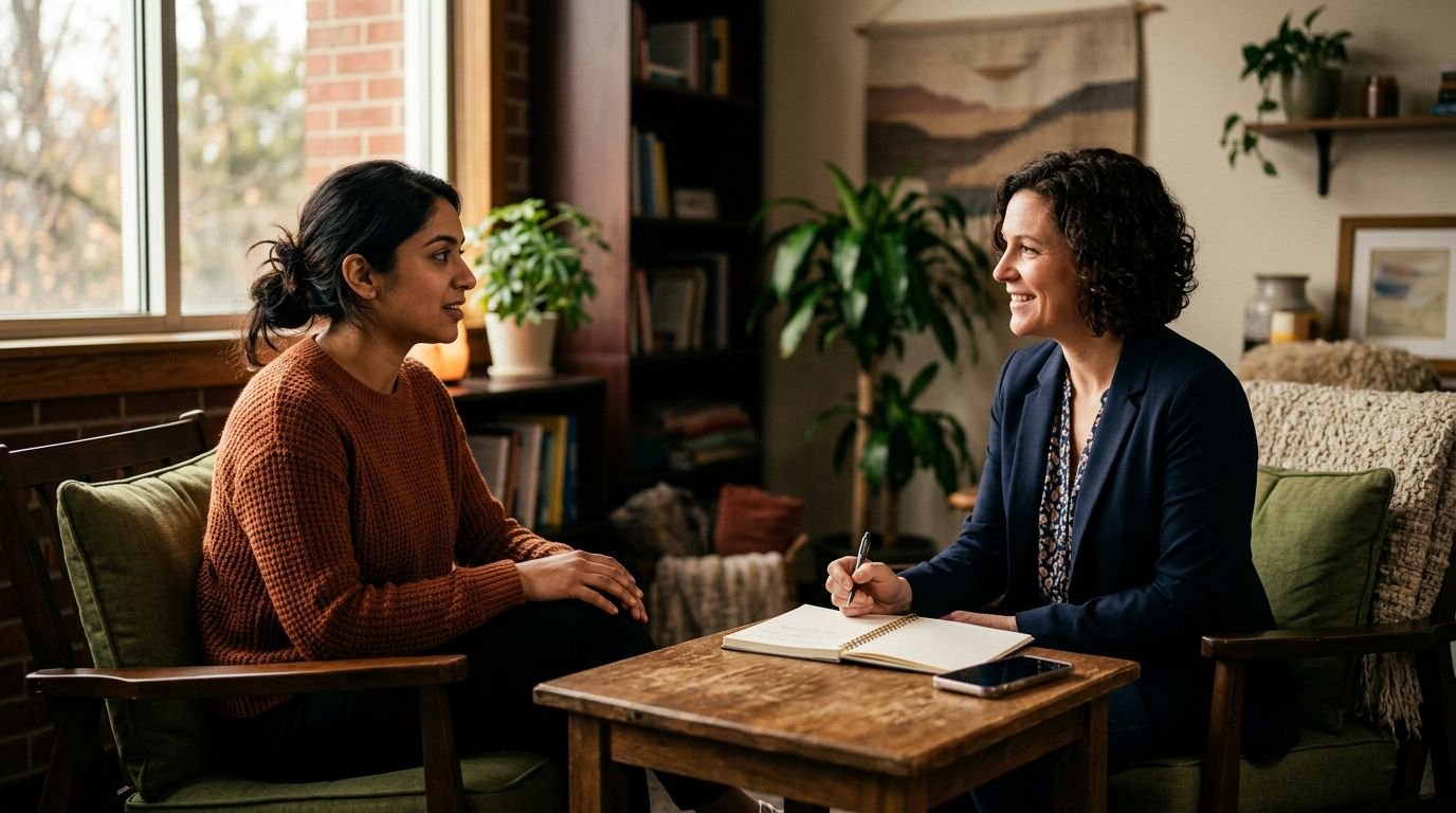 A woman talks with a counselor across a small table in a welcoming room.