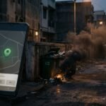 A phone displays a map pin near smoky burning waste and overflowing bins.