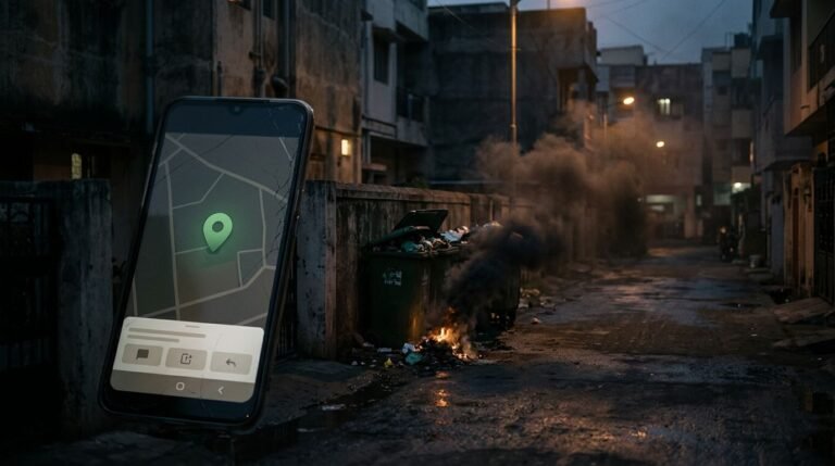 A phone displays a map pin near smoky burning waste and overflowing bins.