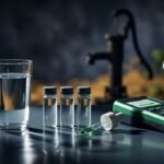 Glass of water beside sample vials and a handheld testing kit.