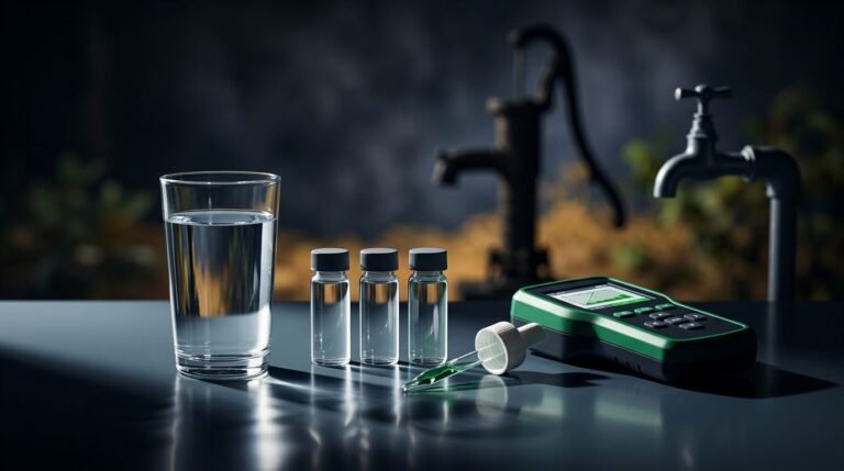 Glass of water beside sample vials and a handheld testing kit.