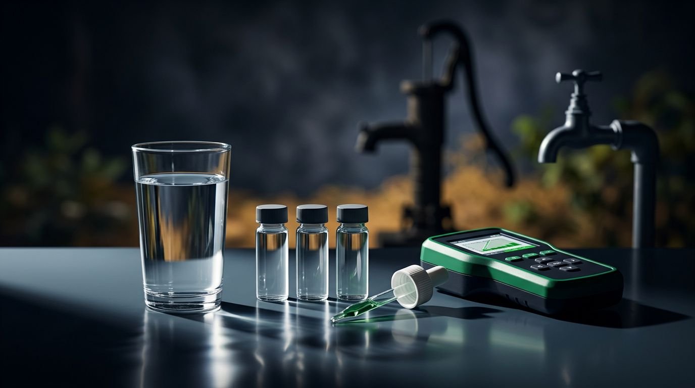 Glass of water beside sample vials and a handheld testing kit.