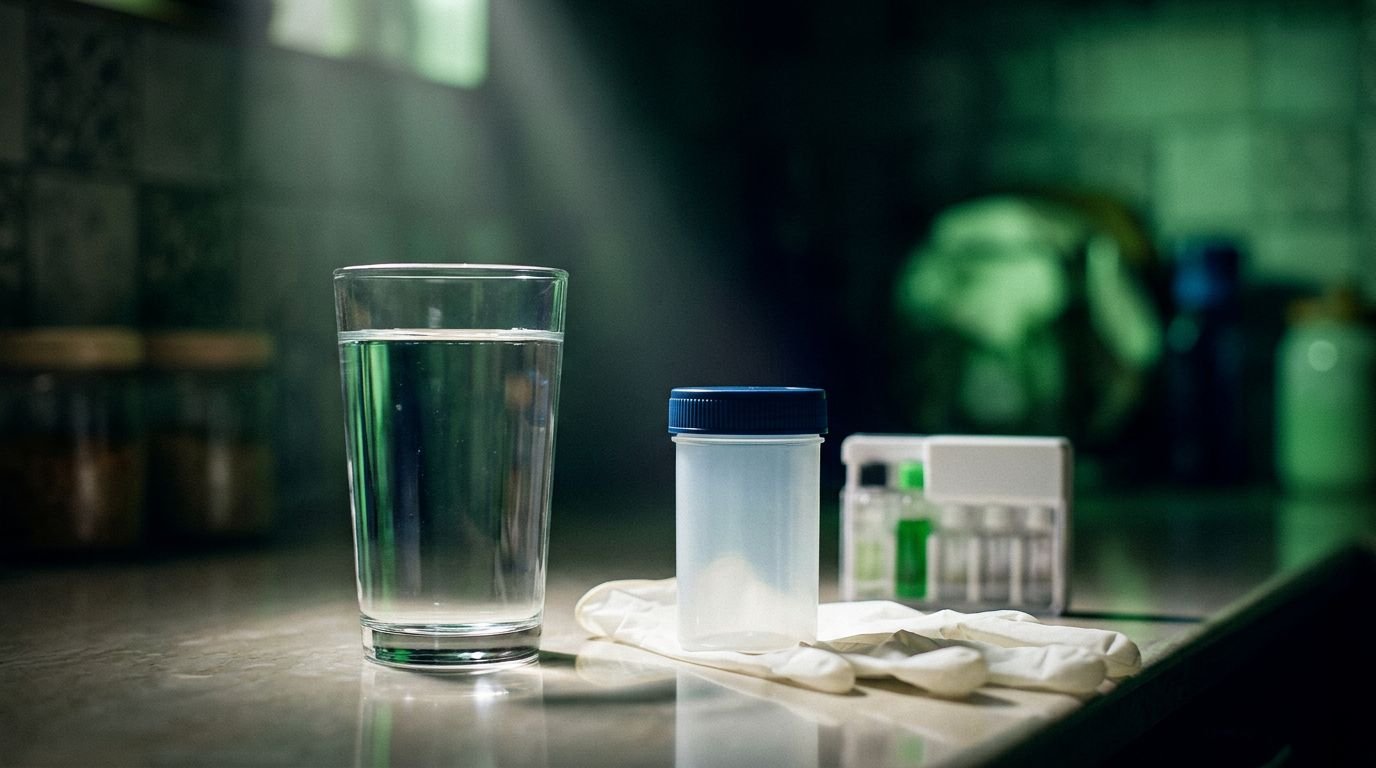 A glass of tap water sits beside a sample bottle, gloves, and a testing kit.