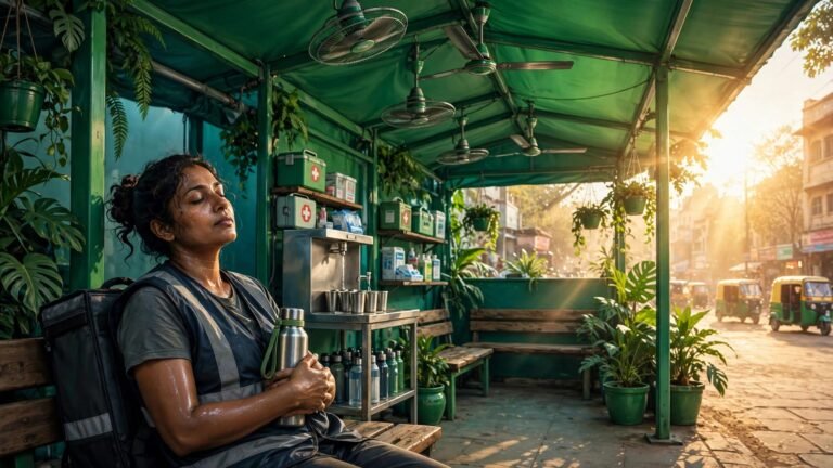 A delivery worker rests with a water bottle inside a shaded cooling shelter.