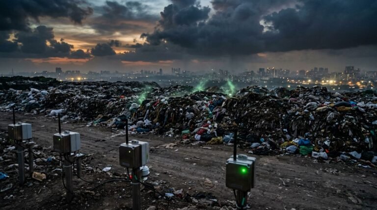 Green methane vapor rises from landfill cracks beside monitoring sensors at dusk.