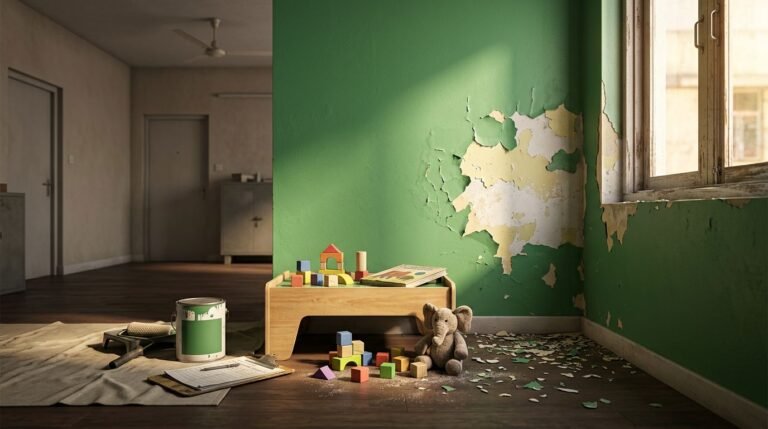Peeling green paint, dust, and paint chips fill a rental apartment play area.